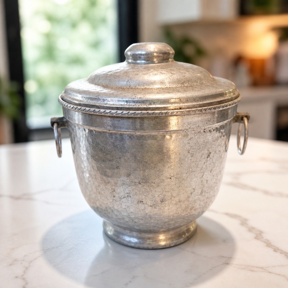 Vintage Hammered Aluminum Ice Bucket with Lid and Handles Mid Century Modern